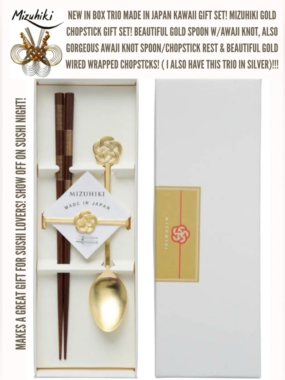 NIB HANDMADE IN JAPAN GOLD CHOPSTICKS,SPOON, & CHOPSTICK TRIO GIFT SET!